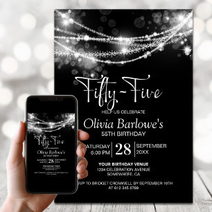 Black String Lights 55th Birthday Party Invitation
