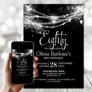 Black String Lights 80th Birthday Party Invitation
