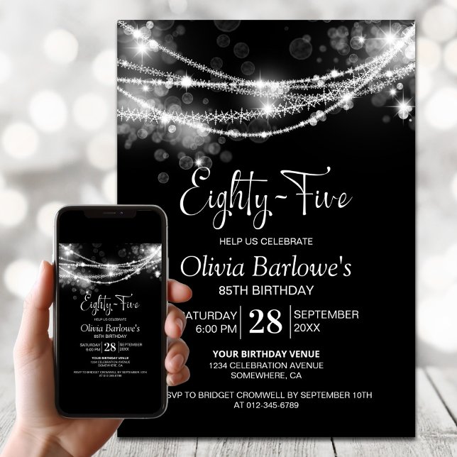 Black String Lights 85th Birthday Party Invitation (Creator Uploaded)