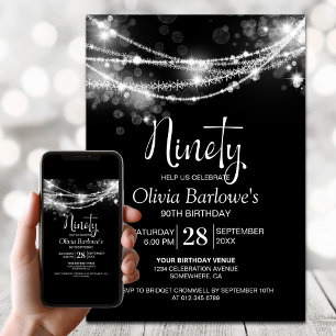 Black String Lights 90th Birthday Party Invitation