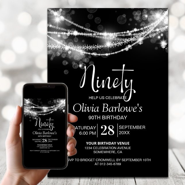Black String Lights 90th Birthday Party Invitation (Creator Uploaded)