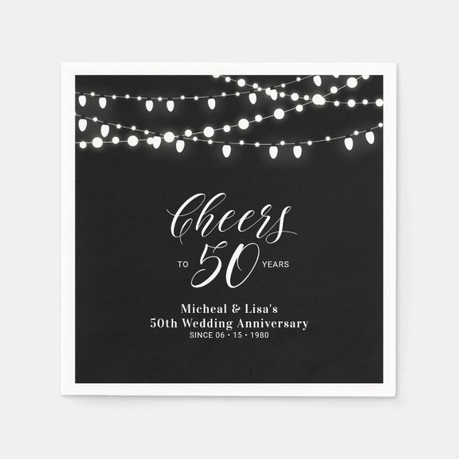 Black | String Lights Classic Wedding Anniversary Napkin (Front)