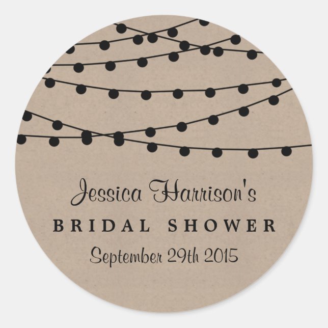 Black String Lights On Rustic Kraft Bridal Shower Classic Round Sticker (Front)