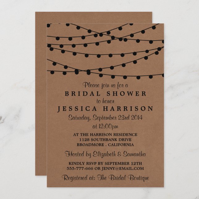 Black String Lights On Rustic Kraft Bridal Shower Invitation (Front/Back)