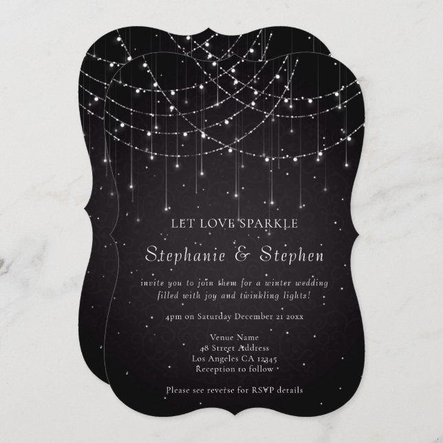 Black String Lights QR Code Festive Wedding Invitation (Front/Back)