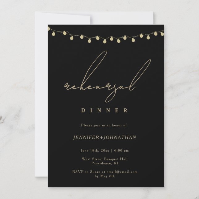 Black String Lights Rehearsal Dinner Invitation (Front)