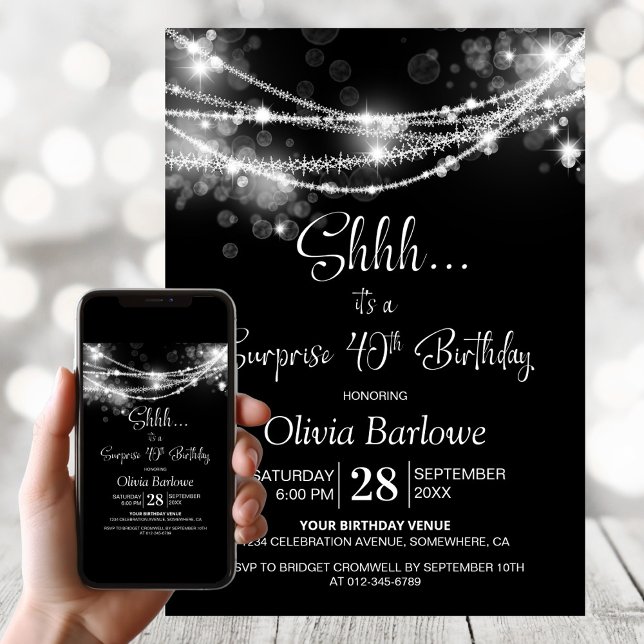 Black String Lights Surprise 40th Birthday Party Invitation (Creator Uploaded)