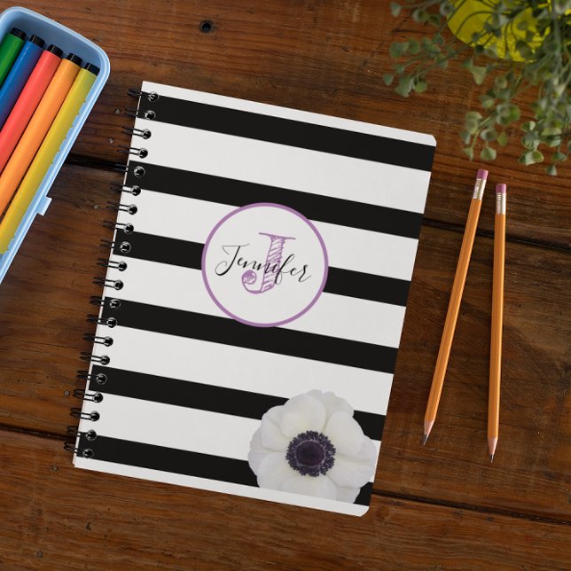 Black Stripe and Windflower Monogram Personalised Planner (Creator Uploaded)