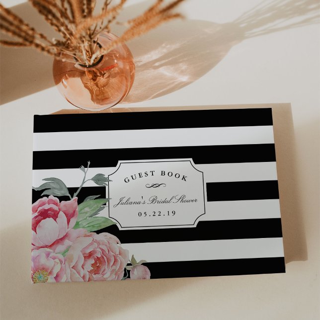 Black Stripe & Antique Peony Bridal Shower Guest Book (Creator Uploaded)
