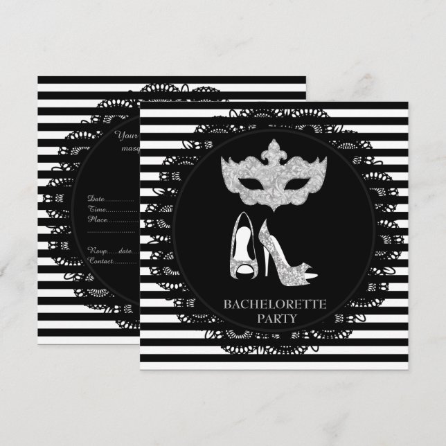 BLACK STRIPE BACHELORETTE MASQUERADE PARTY INVITATION (Front/Back)