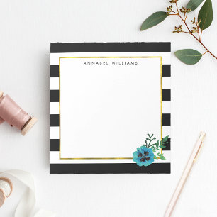 Black Stripe & Blue Flower Personalised Notepad