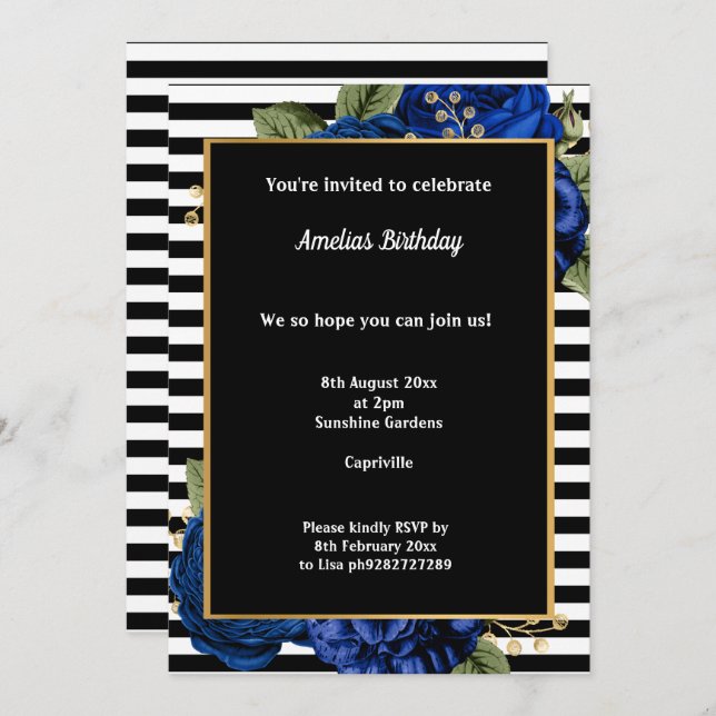 BLACK STRIPE BLUE GOLD FLORAL 2 BIRTHDAY PARTY INVITATION (Front/Back)