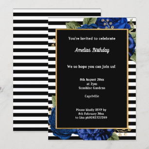 BLACK STRIPE BLUE GOLD FLORAL 2 BIRTHDAY PARTY INVITATION