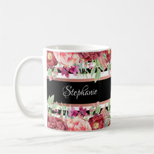 Black Stripe Burgundy Floral Personalised Name Coffee Mug
