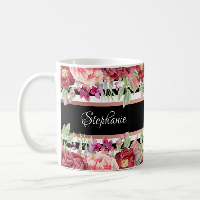 Black Stripe Burgundy Floral Personalised Name Coffee Mug (Left)