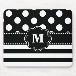 Black Stripe Dots Monogram Mouse Pad. Mouse Mat