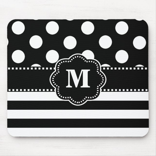 Black Stripe Dots Monogram Mouse Pad. Mouse Mat (Front)