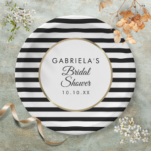 Black Stripe Elegant Gold Bridal Shower Paper Plate