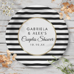 Black Stripe Elegant Gold Couples Bridal Shower Paper Plate<br><div class="desc">With a classic black and white stripe background,  these elegant couples bridal shower paper plates feature an elegant faux gold foil border framing your special personalised details set in chic typography. Designed by Thisisnotme©</div>
