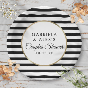 Black Stripe Elegant Gold Couples Bridal Shower Paper Plate