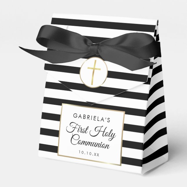 Black Stripe Elegant Gold First Holy Communion Favour Box (Front Side)