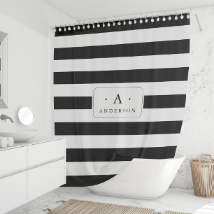 Black Stripe Family Name & Monogram Shower Curtain