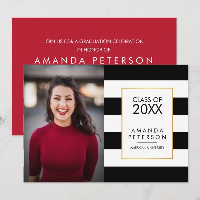 Black Stripe Faux gold frame Graduation Invitation (Front/Back)