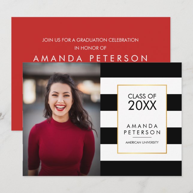 Black Stripe Faux gold frame Graduation Invitation (Front/Back)