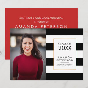 Black Stripe Faux gold frame Graduation Invitation