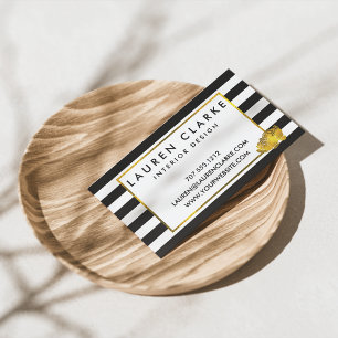 Black Stripe & Faux Gold Peony Business Card