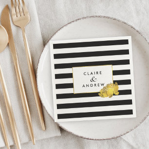 Black Stripe & Faux Gold Peony Napkin