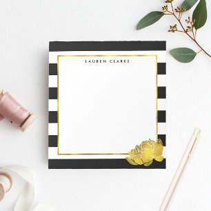 Black Stripe & Faux Gold Peony Personalized Notepad