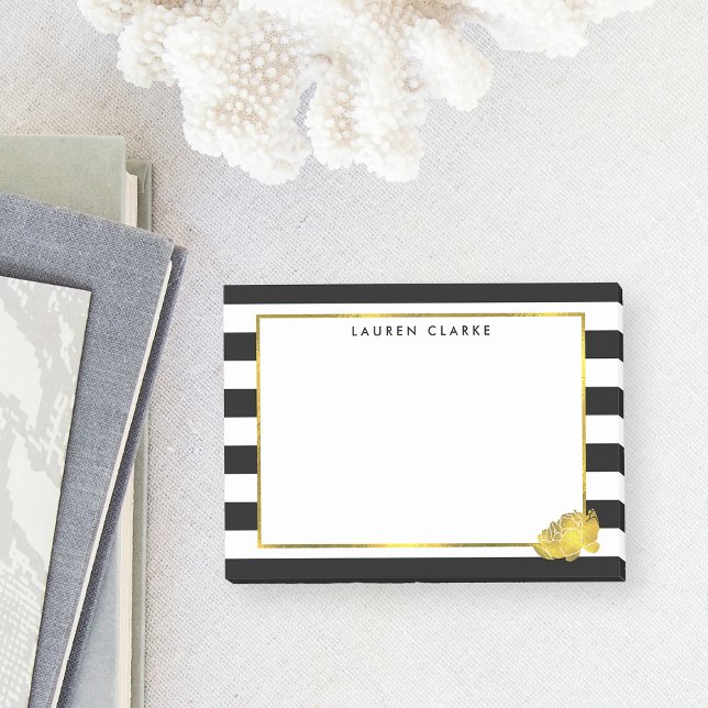 Black Stripe & Faux Gold Peony Post-it Notes (Creator Uploaded)