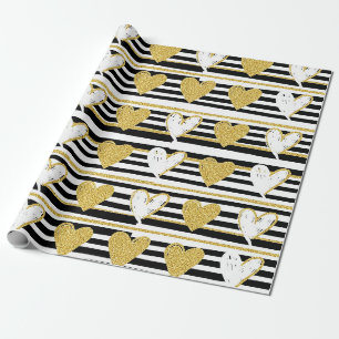 Black Stripe Gold Heart Glam Pattern (1) Wrapping Paper