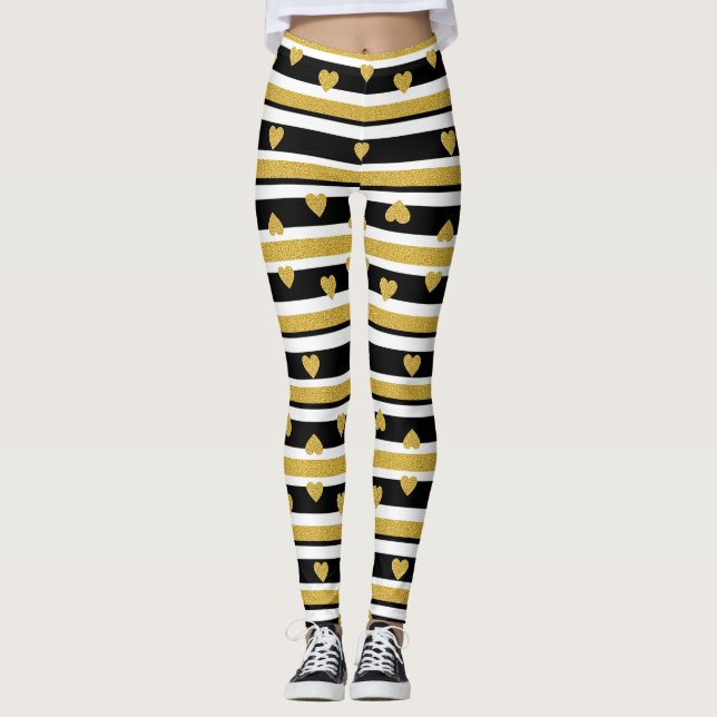 Black Stripe Gold Heart Glam Pattern (4) Leggings (Front)