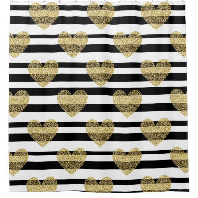 Black Stripe Gold Heart Glam Pattern (5) Shower Curtain (Front)
