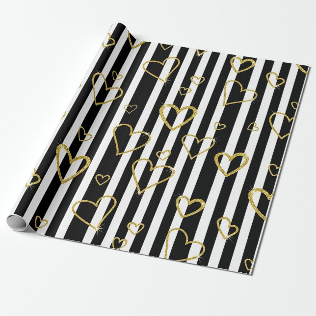 Black Stripe Gold Heart Glam Pattern (6) Wrapping Paper (Unrolled)