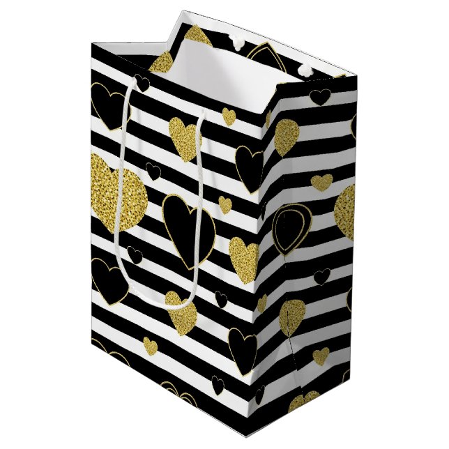 Black Stripe Gold Heart Glam Pattern (7) Medium Gift Bag (Front Angled)