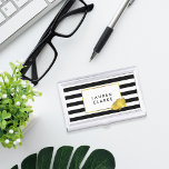 Black Stripe & Gold Peony Business Card Holder<br><div class="desc">This sleek and feminine business card holder features bold black and white stripes with a gleaming peony flower in faux gold effect. Coordinates with our Black Stripe & Gold Peony office accessories,  paper products,  and accessories. Customise with a monogram,  name or text of your choice!</div>