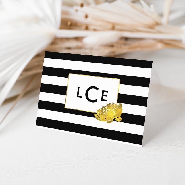 Black Stripe & Gold Peony Monogram Note Cards (Creator Uploaded)