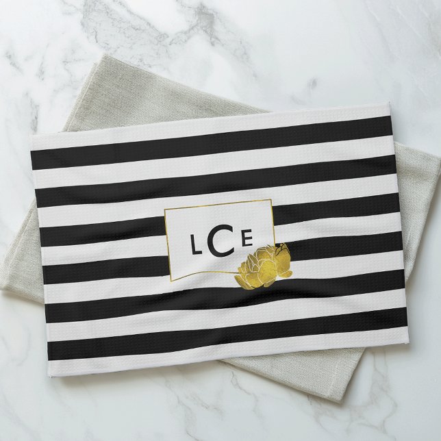 Black Stripe & Gold Peony Monogram Towel (Creator Uploaded)