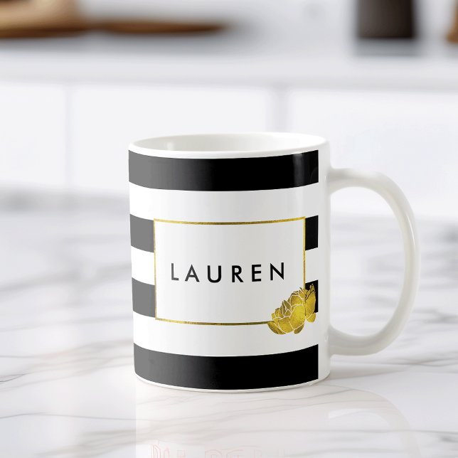 Black Stripe & Gold Peony Personalised Mug (Creator Uploaded)