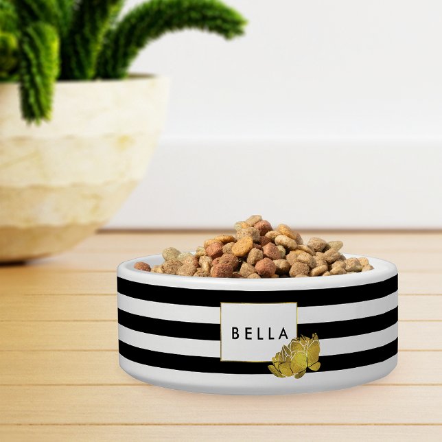 Black Stripe & Gold Peony Personalised Pet Bowl (Creator Uploaded)