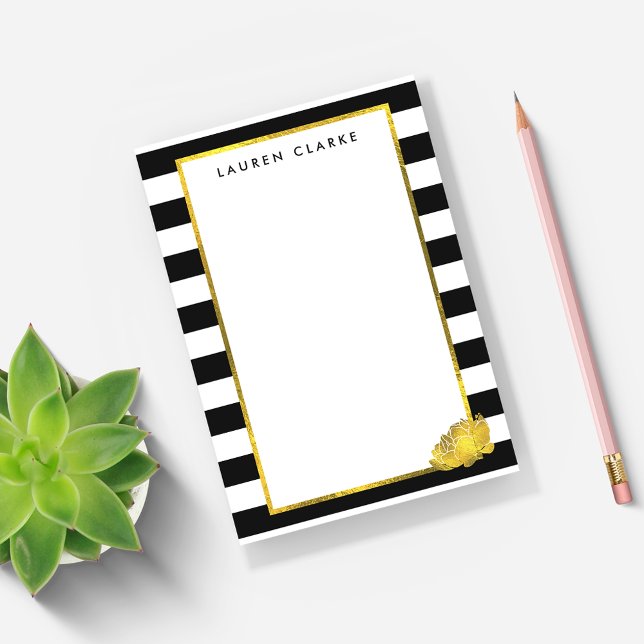 Black Stripe & Gold Peony Post-it Notes (Creator Uploaded)