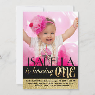 Black Stripe Gold Photo First Birthday Invitation