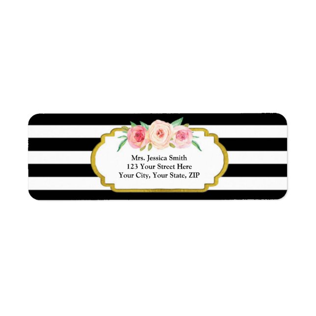 Black Stripe Gold Pink Floral Return Address Label (Front)
