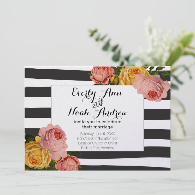 Black Stripe Heirloom Pink Yellow Rose Wedding Invitation (Standing Front)