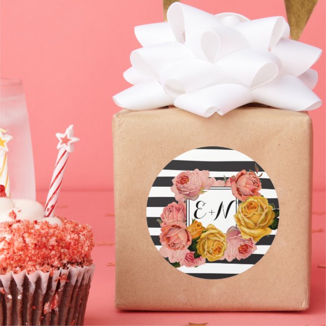 Black Stripe Heirloom Pink Yellow Roses Wedding Classic Round Sticker (Party)