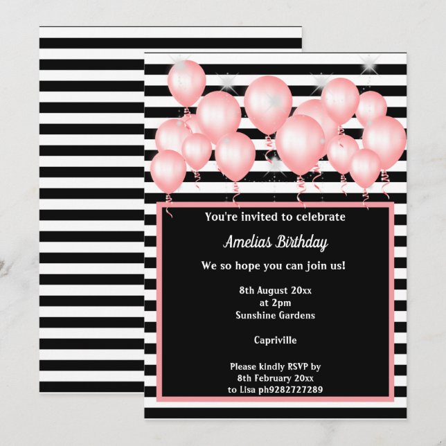 BLACK STRIPE PINK 2 BALLOON BIRTHDAY PARTY INVITATION (Front/Back)