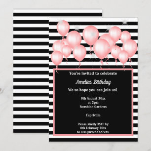 BLACK STRIPE PINK 2 BALLOON BIRTHDAY PARTY INVITATION